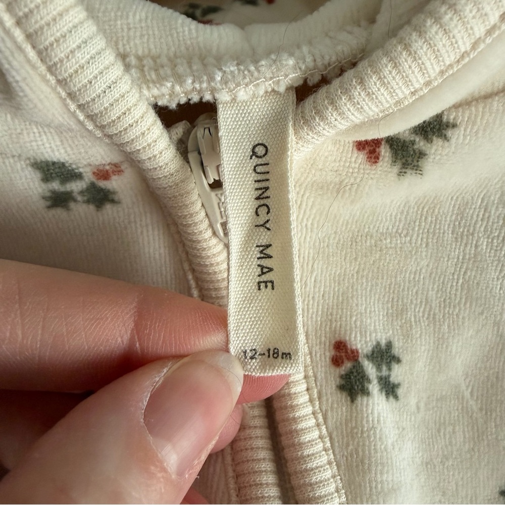 Quincy Mae Velour Cream Holly Berry Kids Zip Jumpsuit - Picture 5 of 5